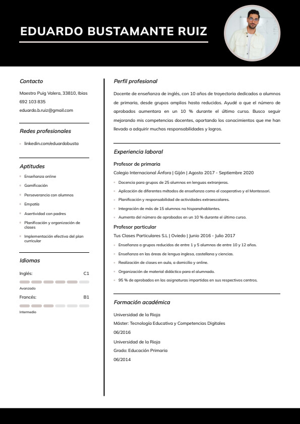 Plantilla de currículum de profesor