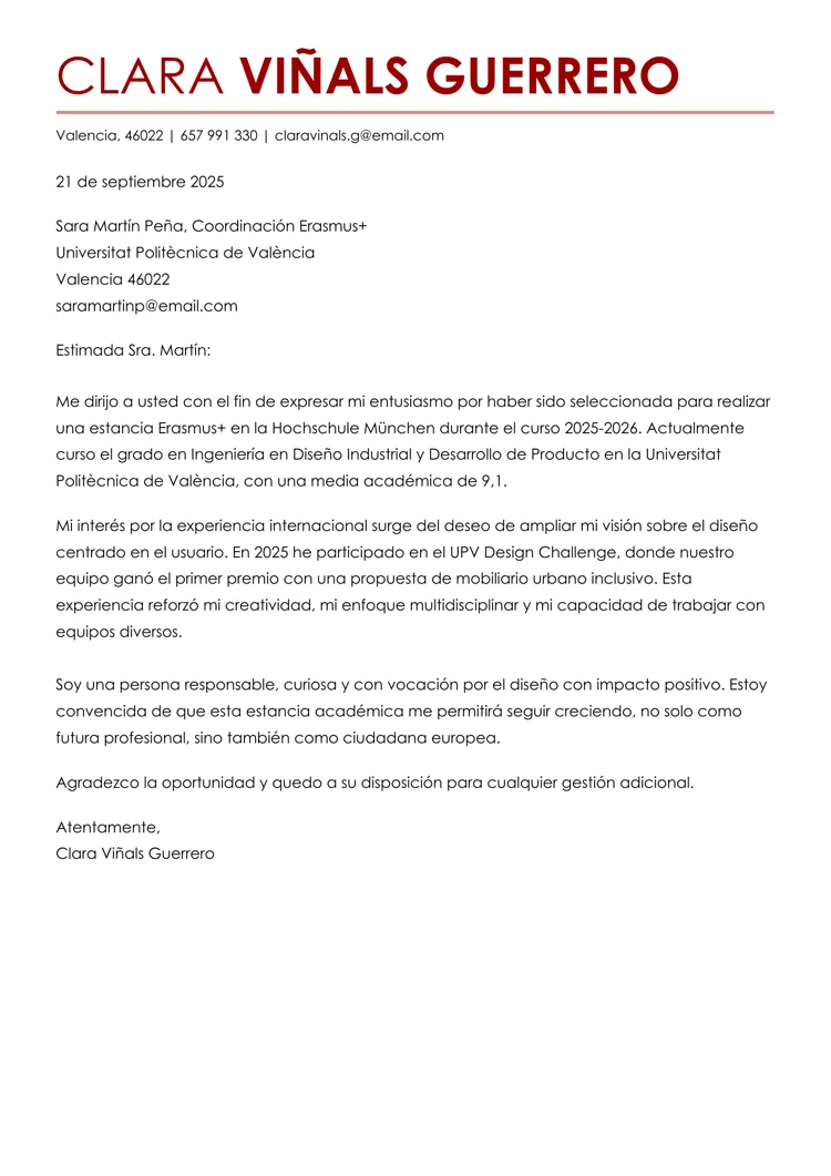 Carta de motivación para Erasmus