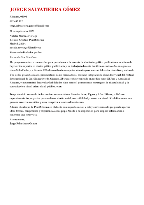 Carta de presentación para diseñador gráfico
