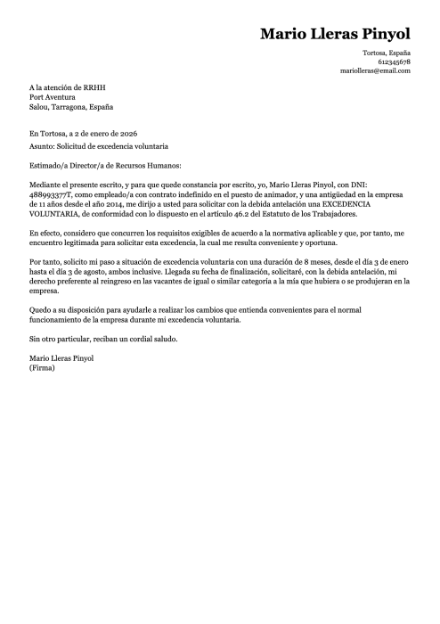 Carta de presentación para pedir una excedencia