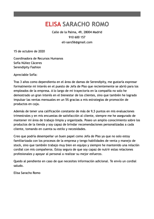 Carta de presentación para pedir un ascenso