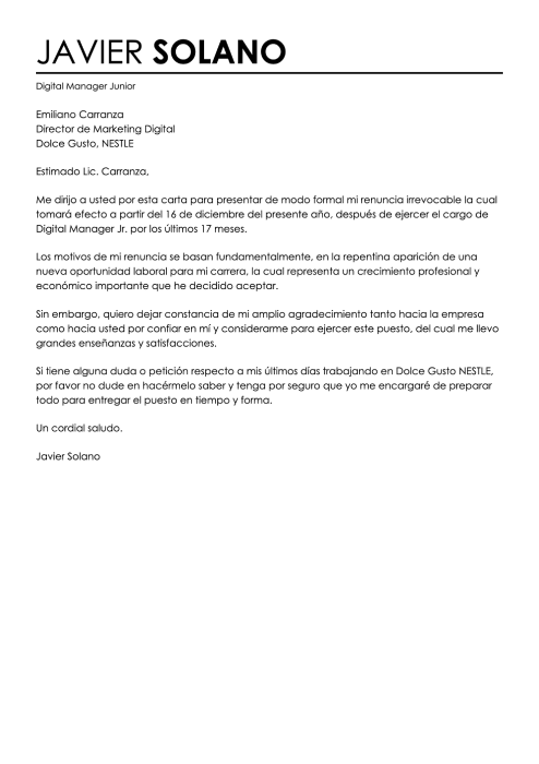 Carta de presentación para una renuncia