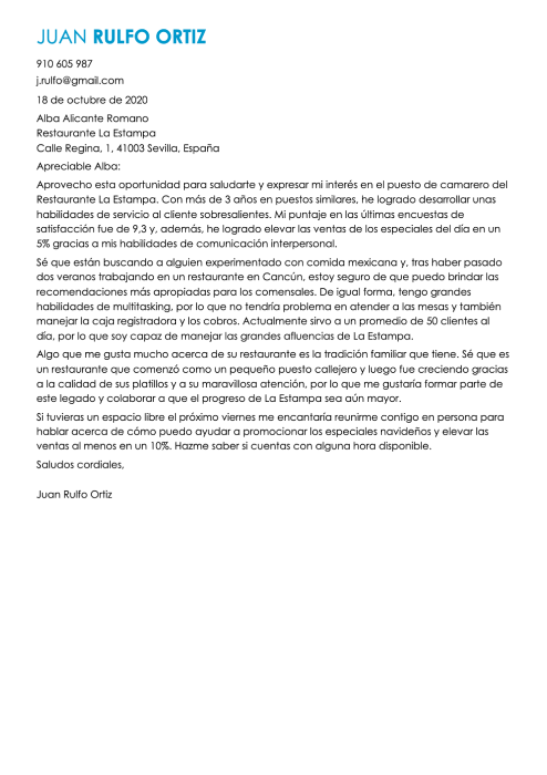 Carta de presentación para camarero