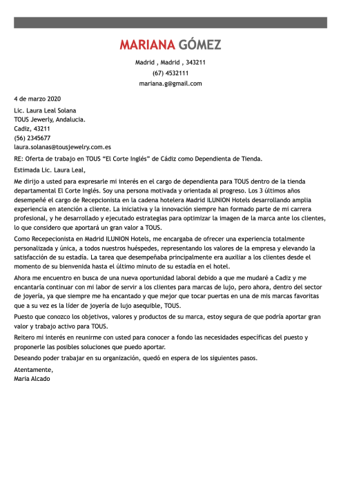 Carta de presentación para dependienta