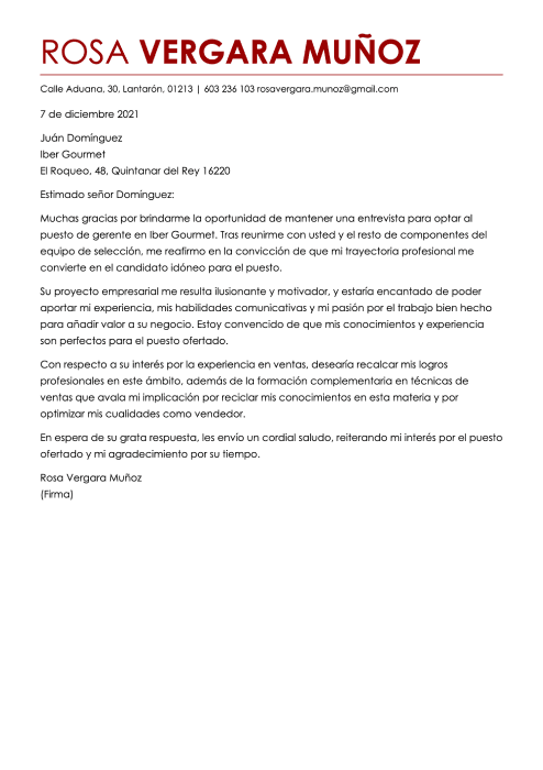 Carta de presentación para un gerente