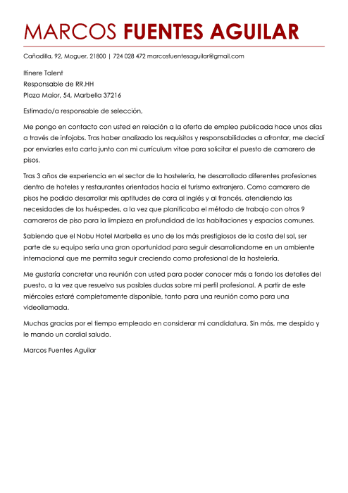 Carta de presentación para turismo