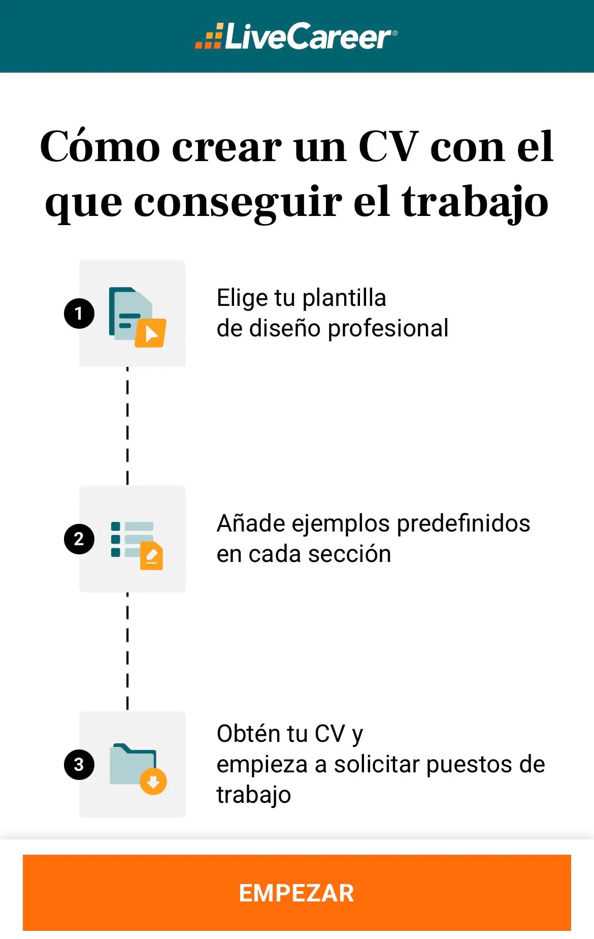 Primer paso en el editor de currículums de Livecareer desde el móvil