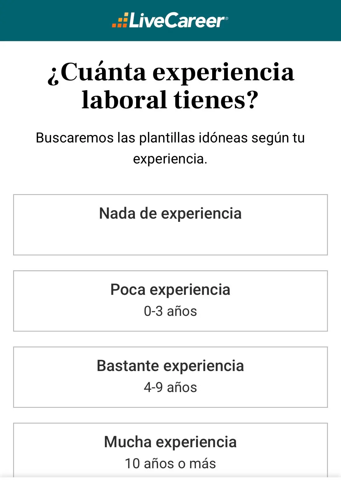 Segundo paso donde el usuario escoge su experiencia laboral desde el móvil