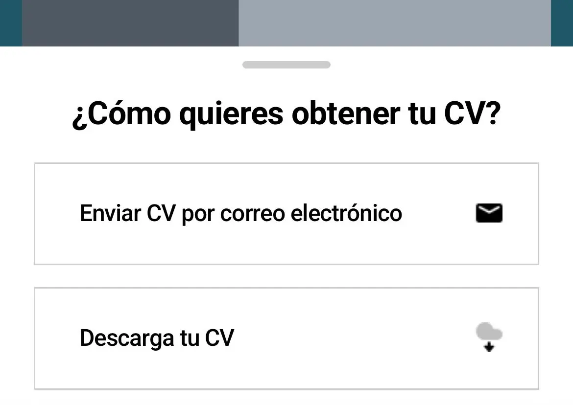 Séptimo y último paso donde el usuario puede descargar el currículum desde el móvil o enviarlo por email