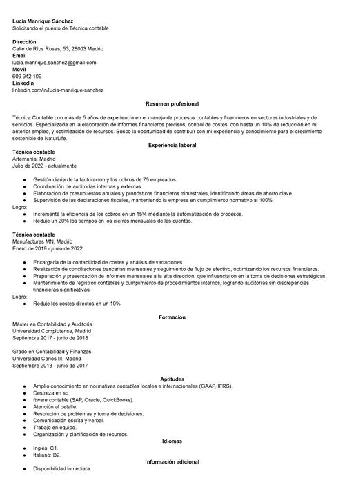 Ejemplo de CV para llegar a la entrevista de trabajo