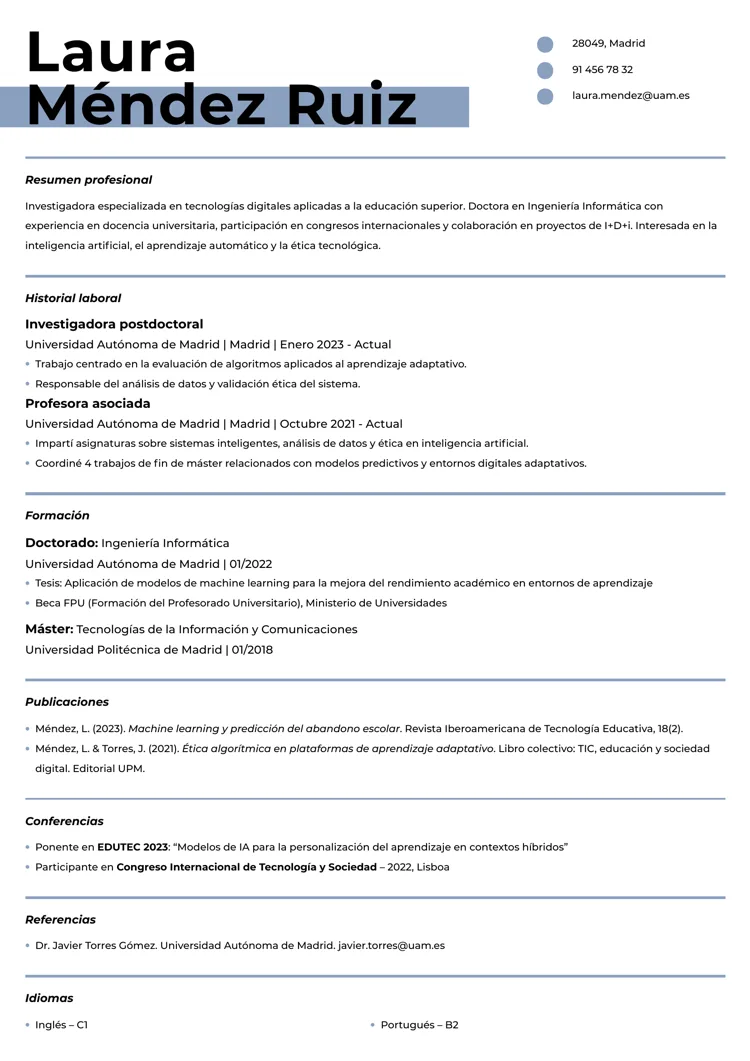 Plantilla de currículum académico azul con lineas divisorias