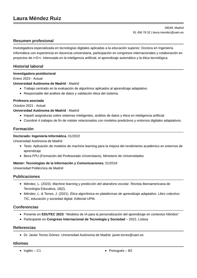 Plantilla de currículum académico en blanco y negro, tradicional y serio