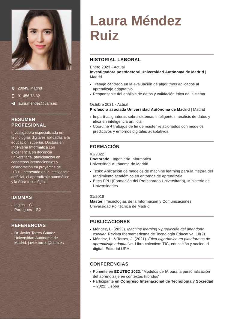 Plantilla de currículum académico en marrón, moderno con foto
