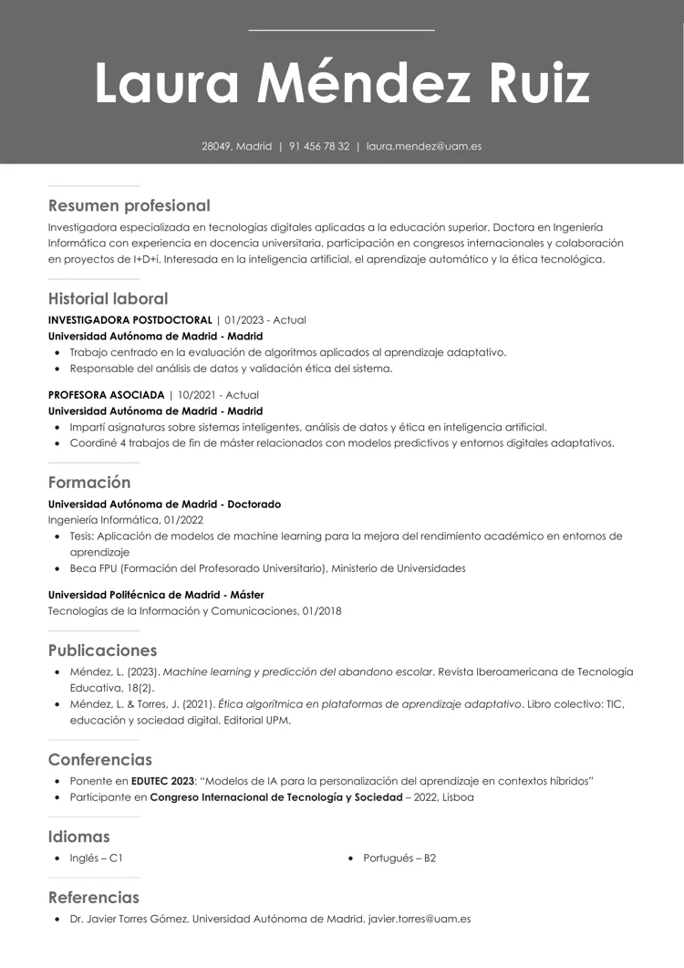Plantilla de currículum académico, elegante y limpia con encabezado