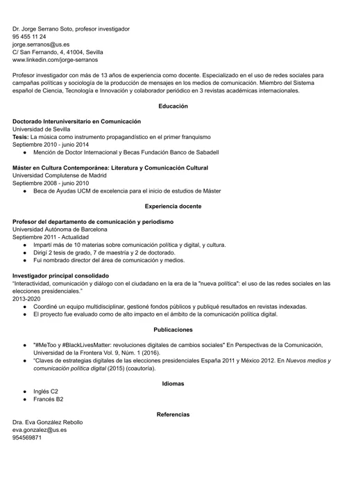 Ejemplo de currículum académico