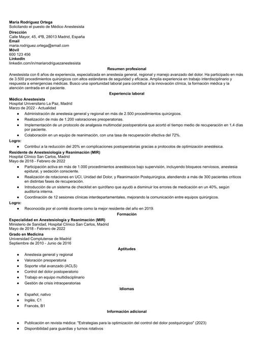 ejemplo de currículum de anestesista