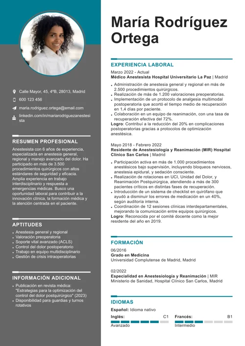 ejemplo de currículum de anestesista