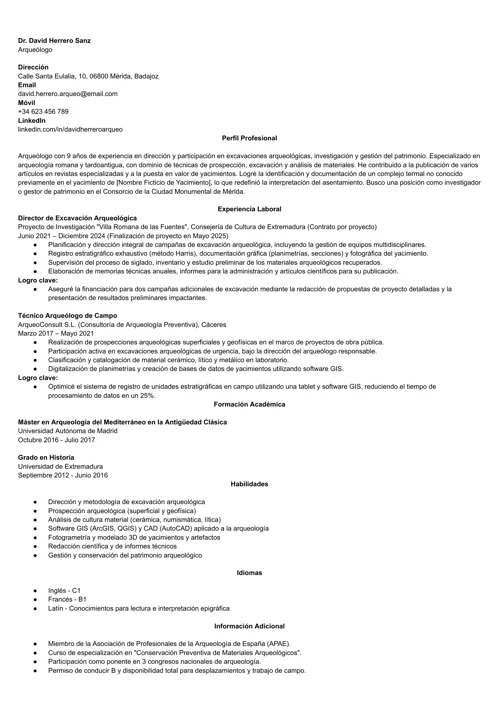 ejemplo de currículum de arqueólogo