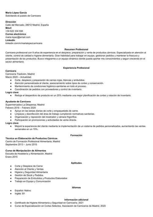 ejemplo de currículum de carnicero