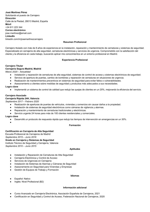 ejemplo de currículum de cerrajero