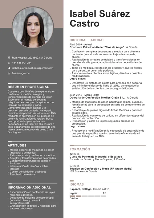 ejemplo de currículum de costurera
