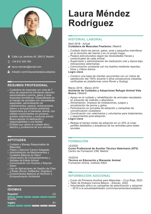 ejemplo de currículum de cuidador de mascotas