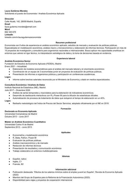 ejemplo de currículum de economista