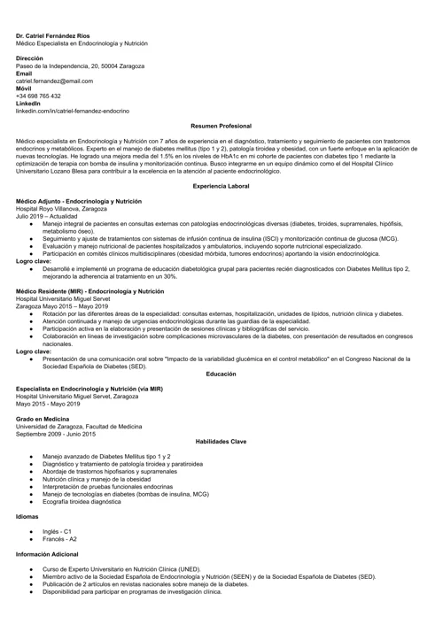 ejemplo de currículum para endocrinólogo