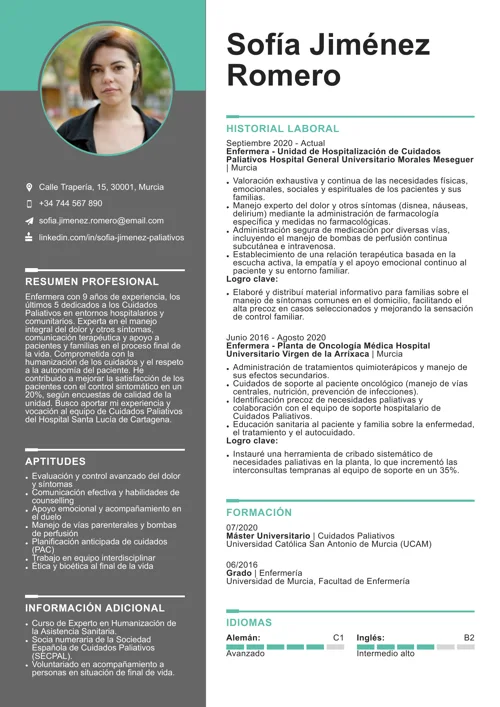ejemplo de currículum de enfermera de cuidados paliativos