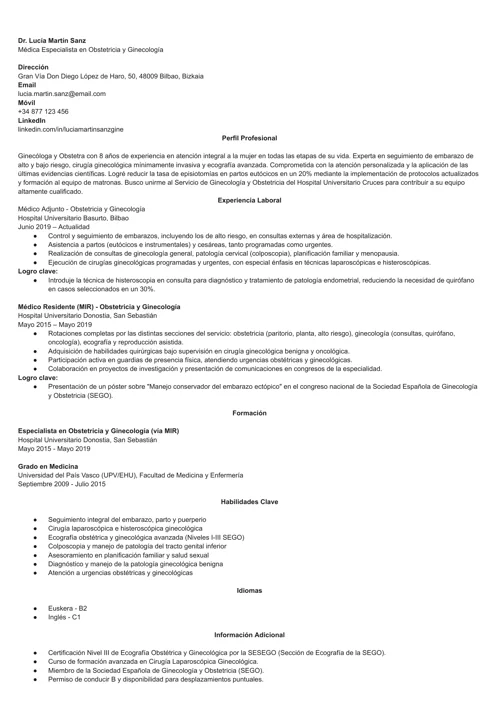 ejemplo de currículum de ginecólogo