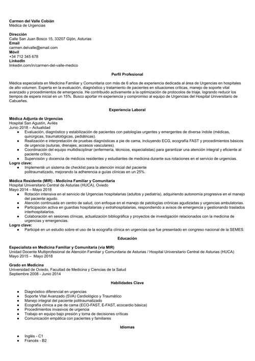 ejemplo de currículum de médico de urgencias