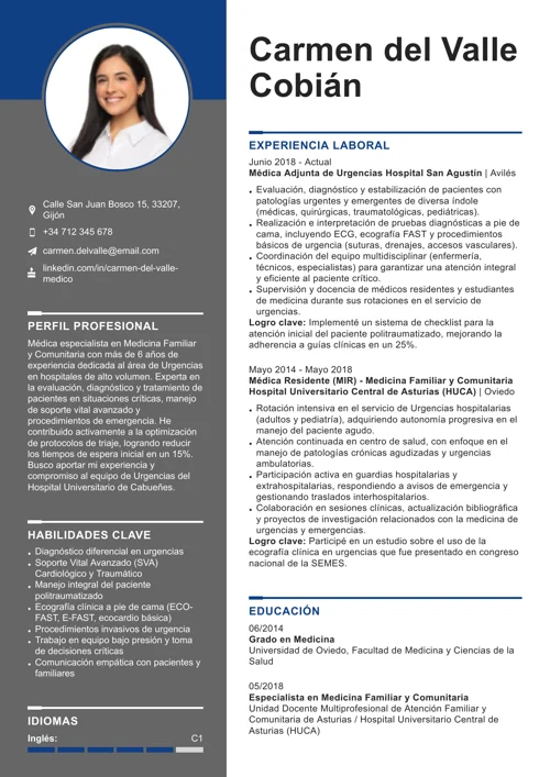 ejemplo de currículum de médico de urgencias