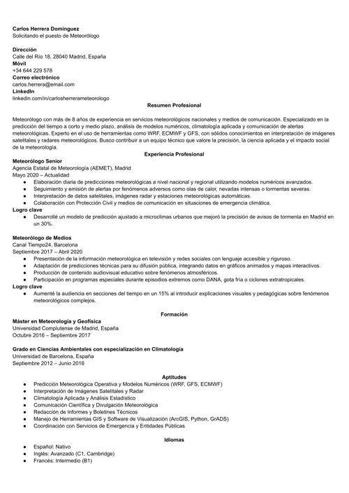 ejemplo de currículum de meteorólogo