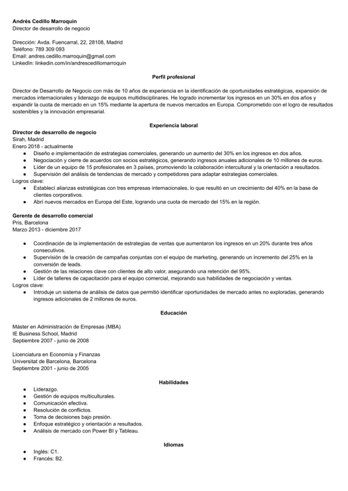 Ejemplo de currículum para director de desarrollo de negocio