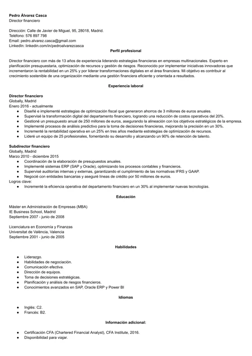 Ejemplo de currículum como director financiero