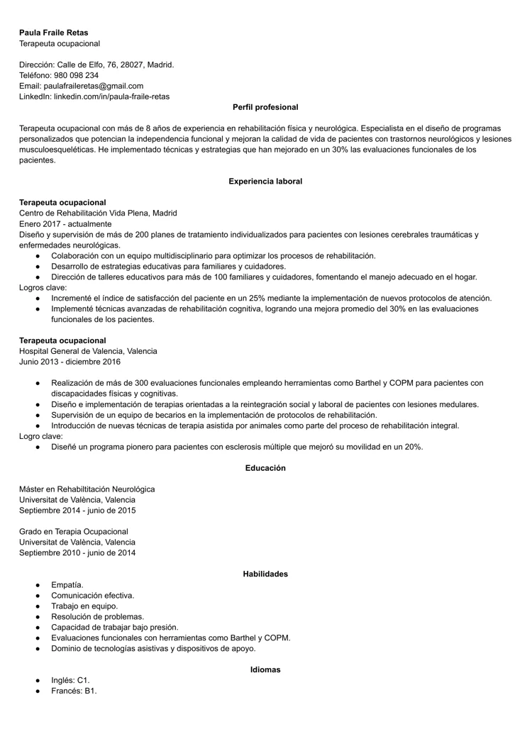 Ejemplo de currículum para terapeuta ocupacional