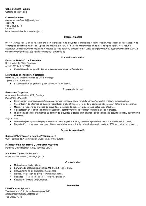 Ejemplo de curriculum vitae para Chile