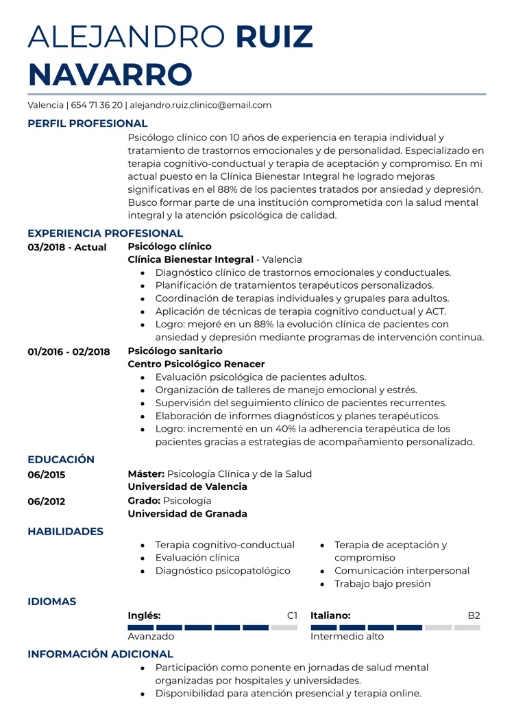 Plantilla de CV de psicólogo clínico