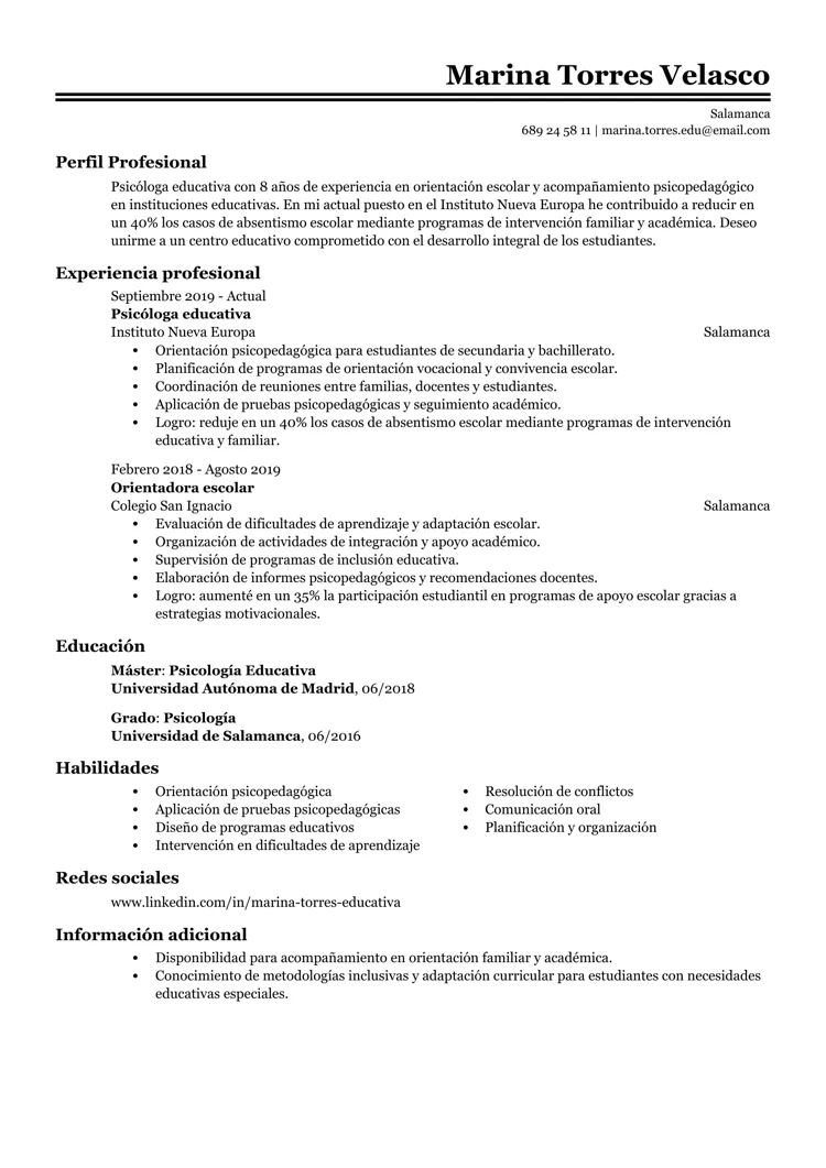 Plantilla de CV de psicólogo educativo