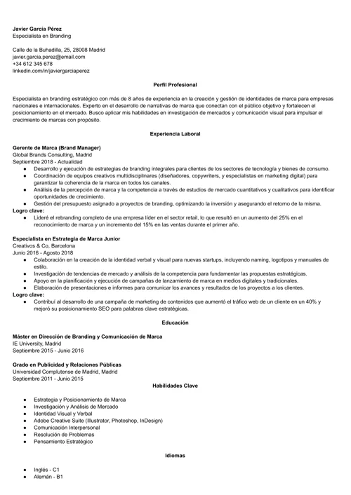 Ejemplo de cv para realizar un plan de carrera