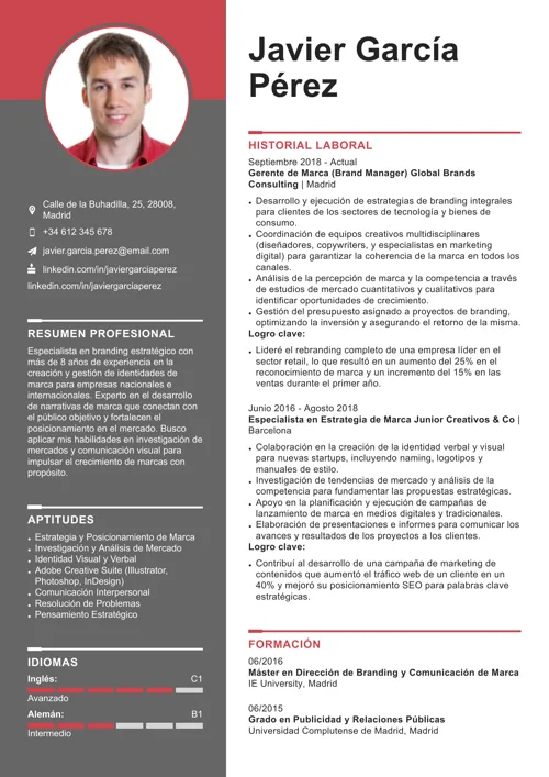 Ejemplo de cv para realizar un plan de carrera