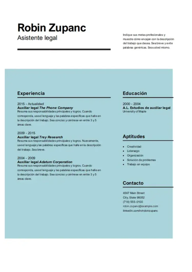 Plantilla de CV gratis moderna y un bloque azul con secciones