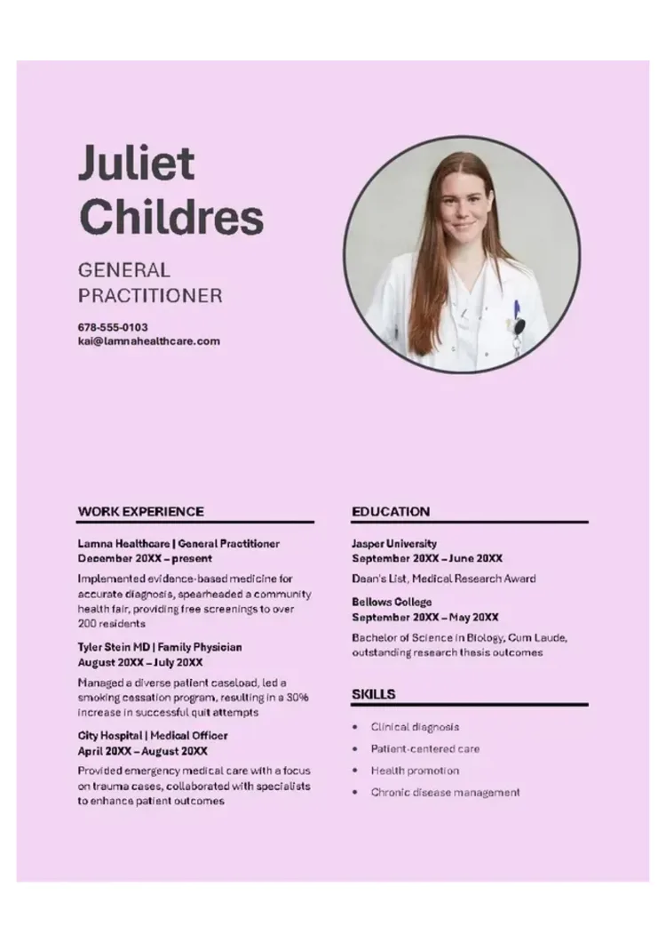 Plantilla de CV gratis en color rosa con foto