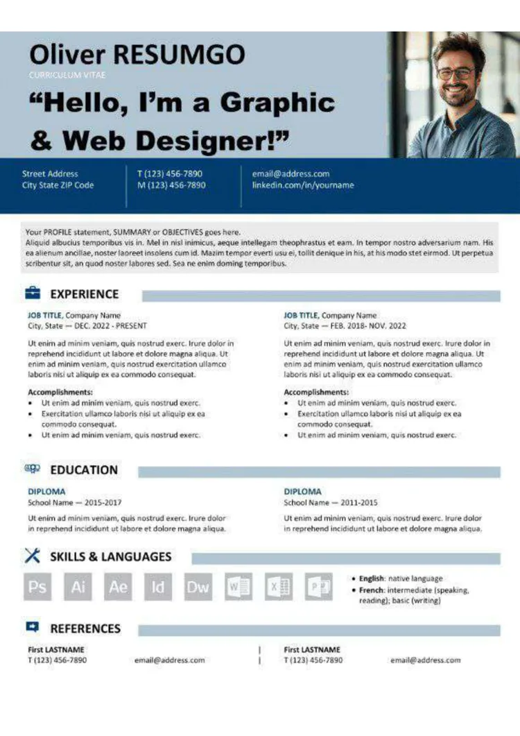 Plantilla de CV gratis azul con diseño elaborado y visual