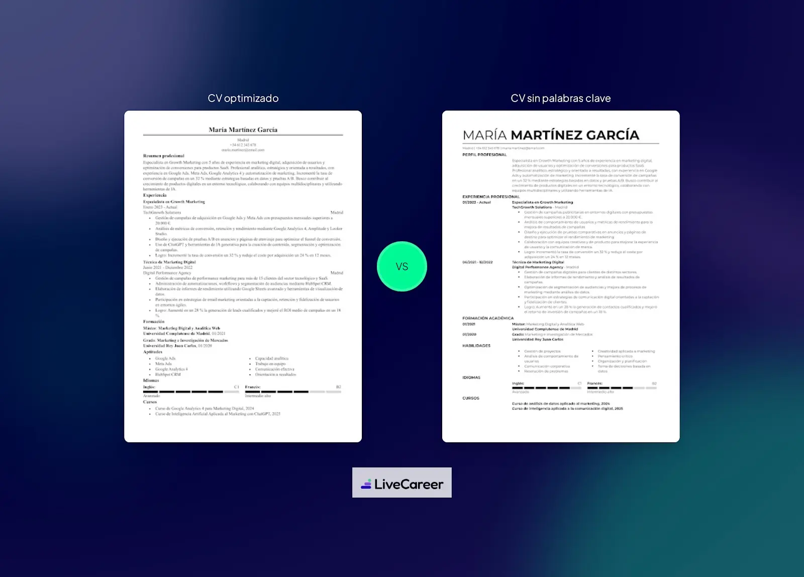 Comparativa de currículums optimizado y sin palabras clave