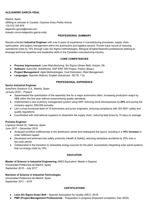 ejemplo de CV para conseguir trabajo en Canadá