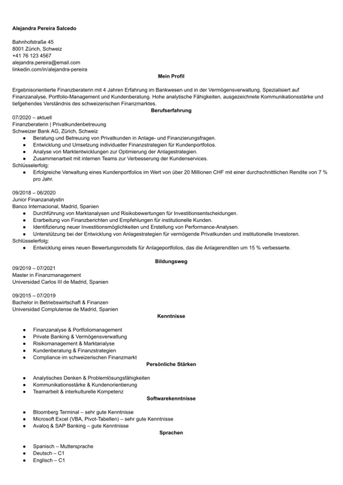 ejemplo de currículum para trabajar en Suiza